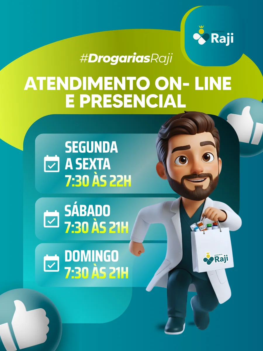 Drogarias Raji: atendimento online e presencial. Segunda a sexta 7h30 às 22h, sábado e domingo 7h30 às 21h